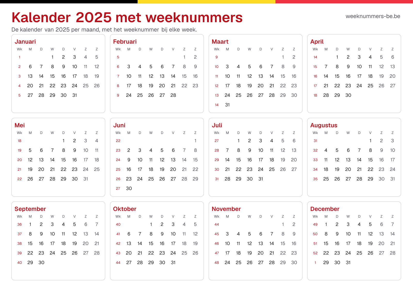 Kalender 2025 met weeknummers