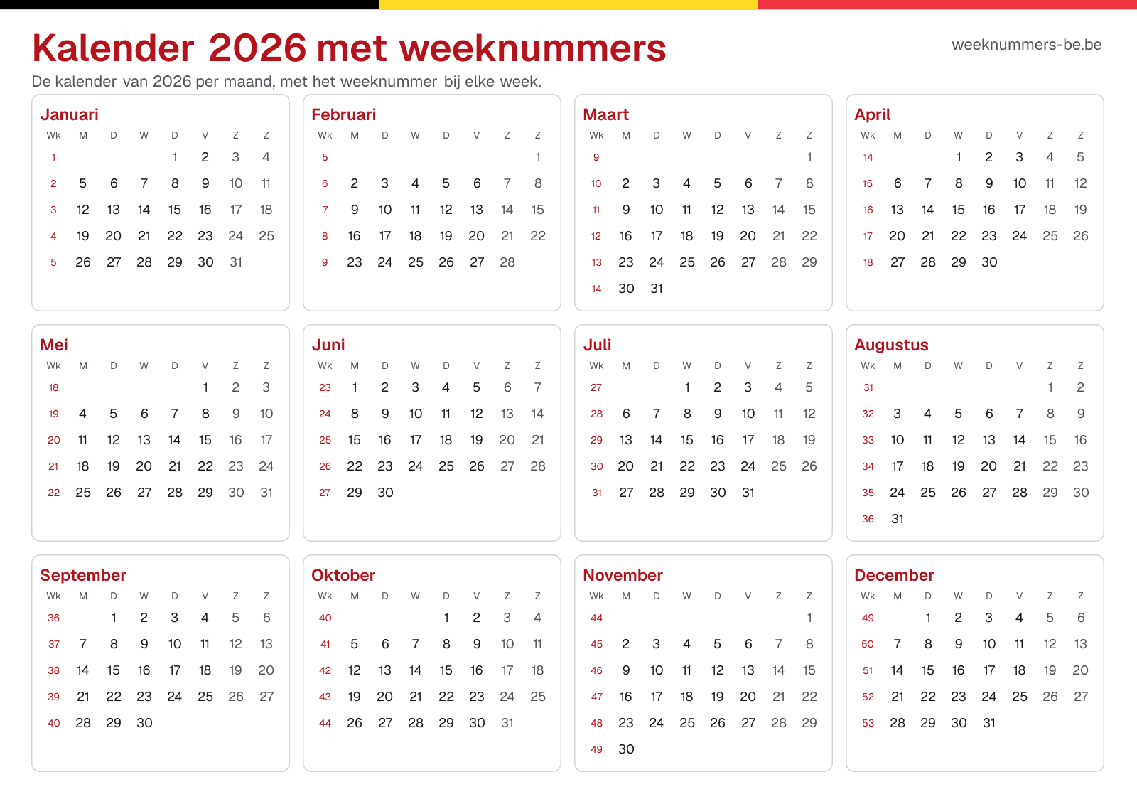 Kalender 2026 met weeknummers