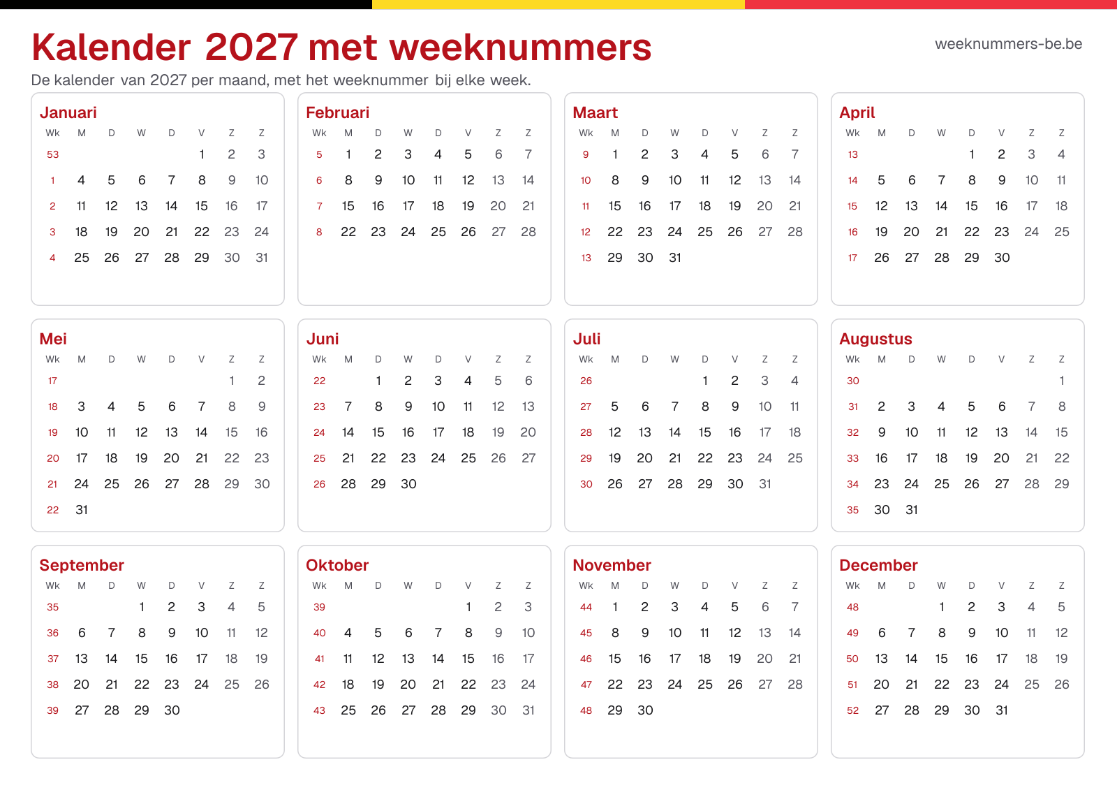 Kalender 2027 met weeknummers