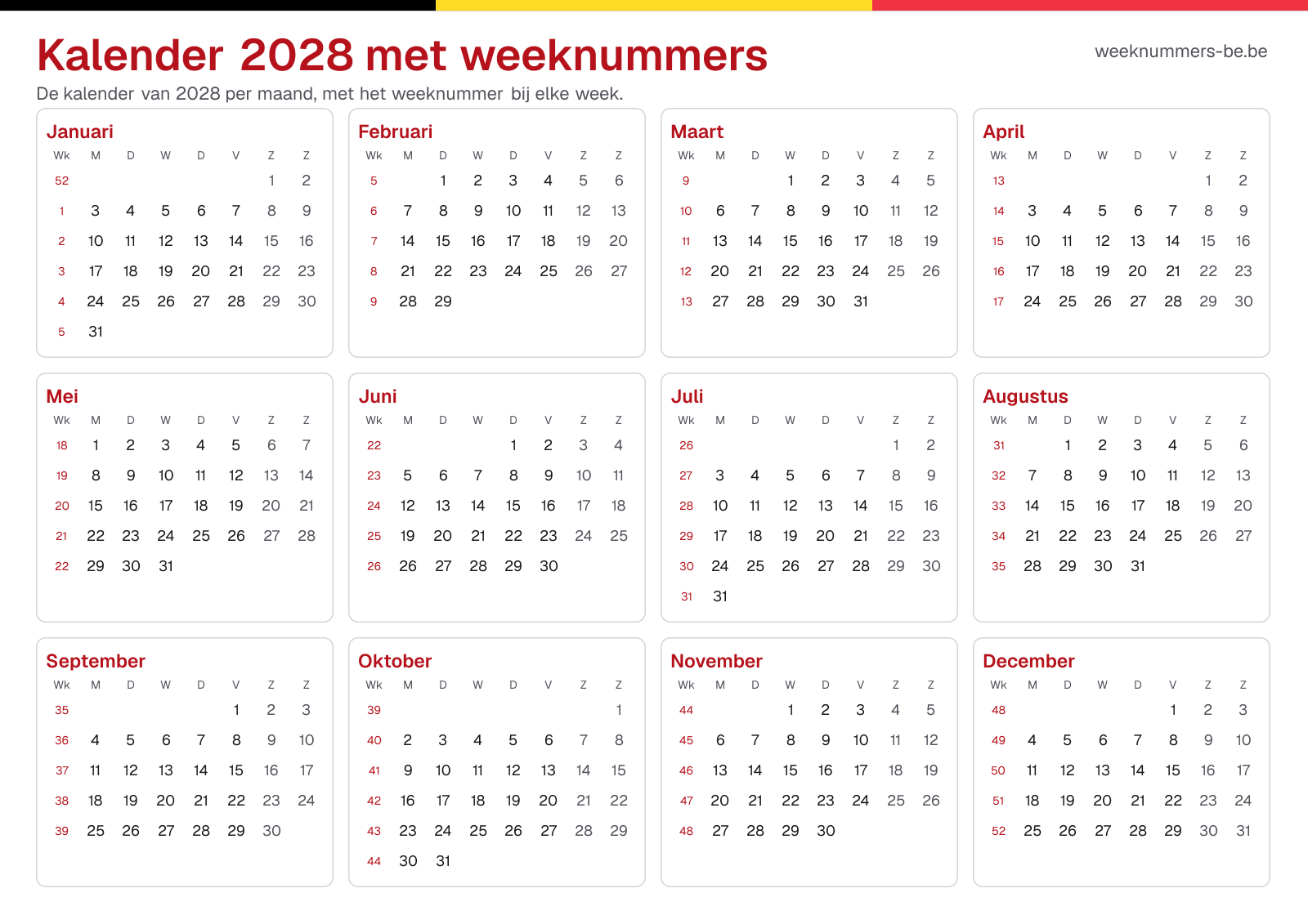 Kalender 2028 met weeknummers