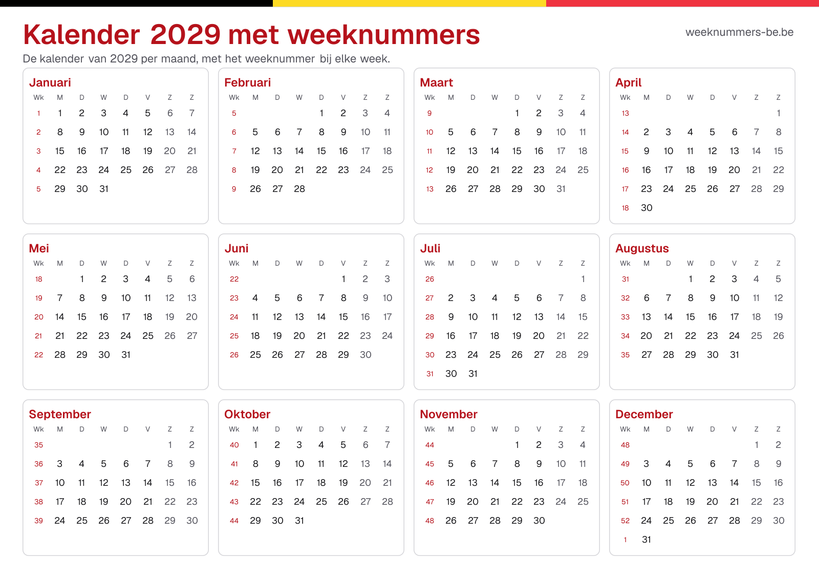Kalender 2029 met weeknummers