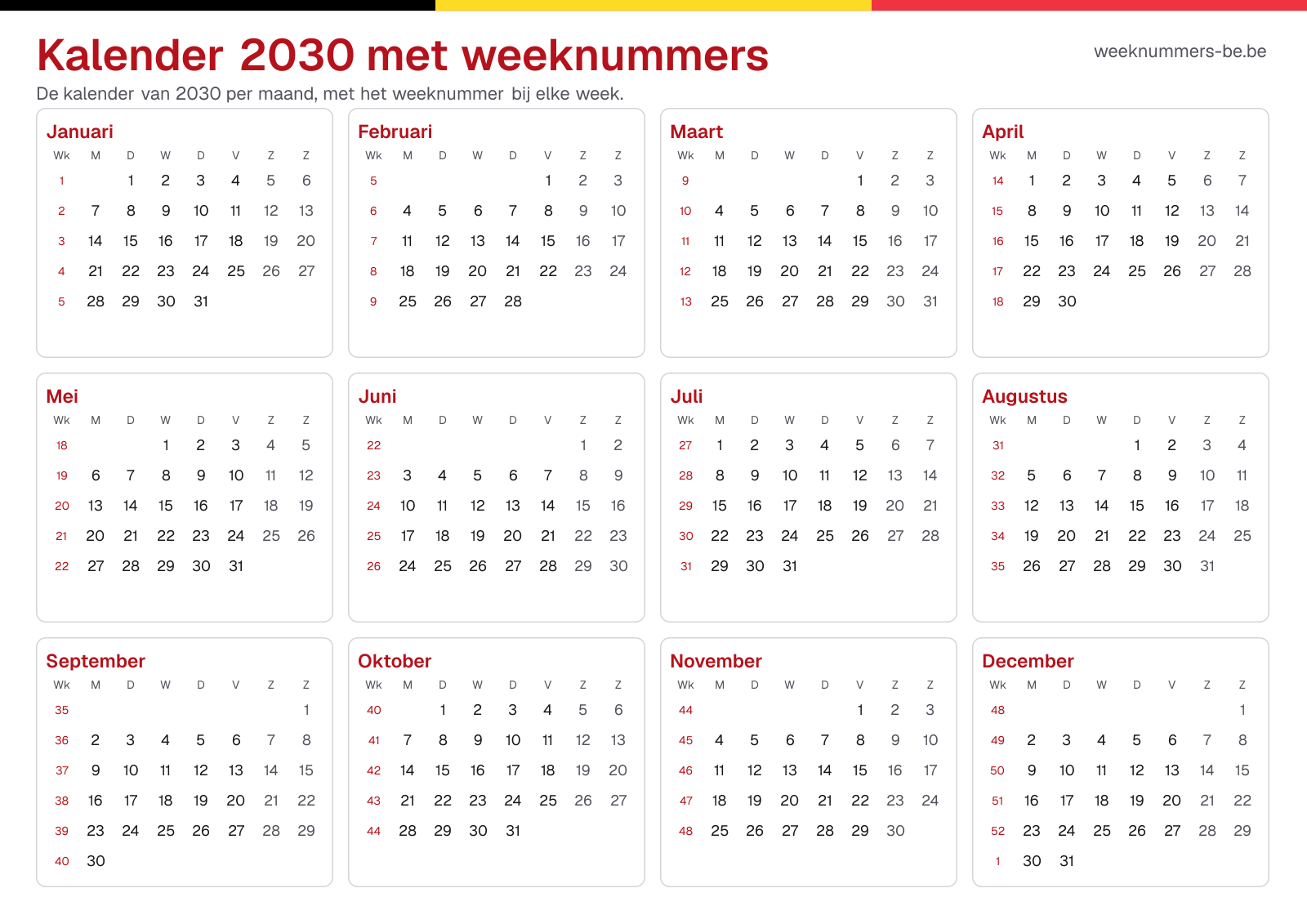Kalender 2030 met weeknummers