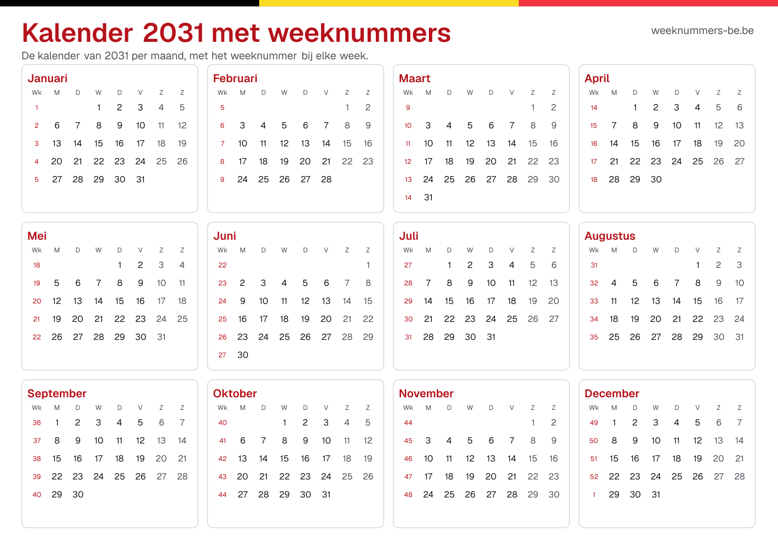 Kalender 2031 met weeknummers